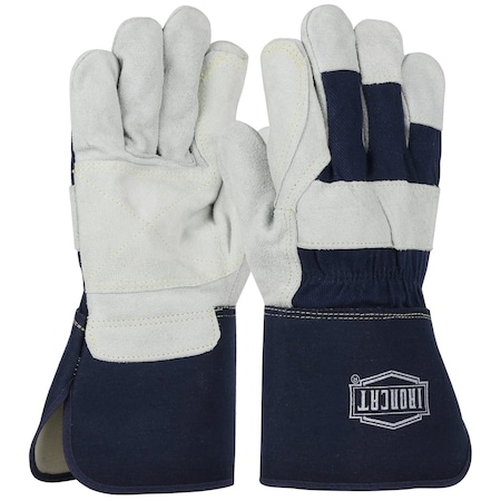 Ironcat Heavy Premium Split Cowhide Leather Double Palm Glove w/Canvas Back, Rubberized Gauntlet Cuff, 12PK 12406