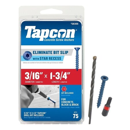 Tapcon 28355 Concrete Screw Anchor, T25 Screw, 3/16 in Dia, 1-3/4 in L, Steel, Climaseal, 75/PK, 75PK 28355/24355