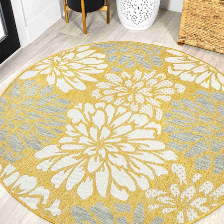 Jonathan Y Zinnia Modern Floral Textured Weave Yellow/Cream 5 ft Round Indoor/Outdoor Area Rug SMB110G-5R