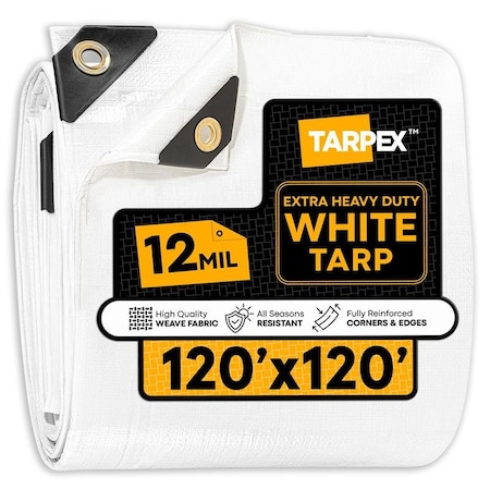 Tarpex 120' x 120' White Extra Heavy-Duty Weatherproof Tarp - 12 Mil Poly with Reinforced Edges WHD-TA-120120