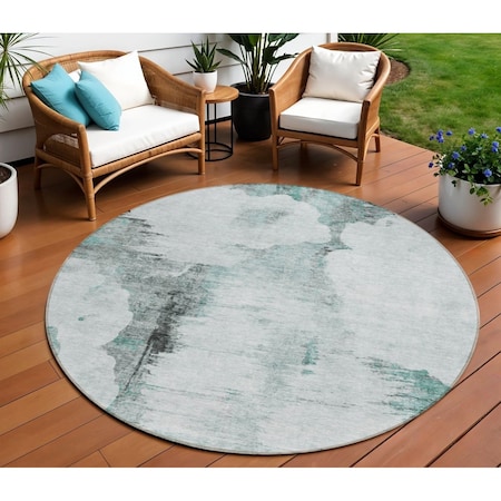 Homeroots 8' Teal Blue Silver And Gray Round Abstract Washable Indoor Outdoor Area Rug 582688