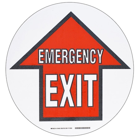 Brady Emergency Exit Up Arrow Sign, 17in Dia x 0.011in Thickness, Black/Red/White, Polyester 104495