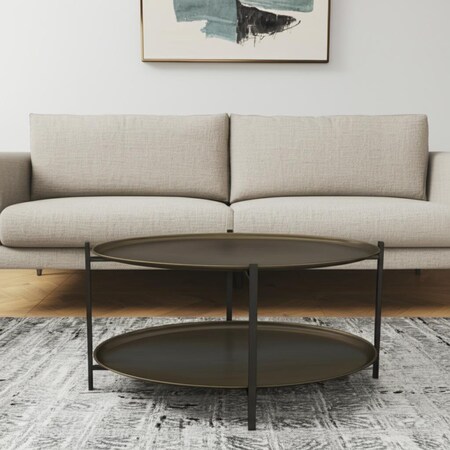 Homeroots 26" Antiqued Bronze and Black Steel Oval Two Tier Coffee Table 556717