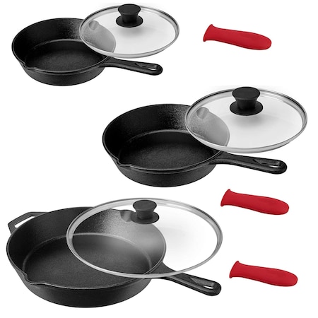 Megachef Pre-Seasoned 9 Piece Cast Iron Skillet Set with Lids and Red Silicone Holder MCCI-335