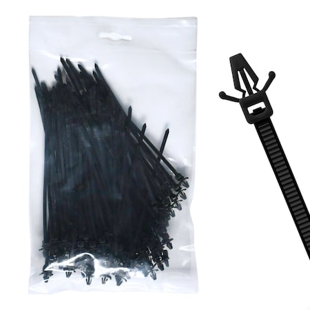 Cable Ties Unlimited Push Mount Cable Tie, Wings, 7.5 in L, 50 lb Strength, 1.8 in Max Bundle Dia, Nylon, Black, 100PK PM7.5-50-0C-WW