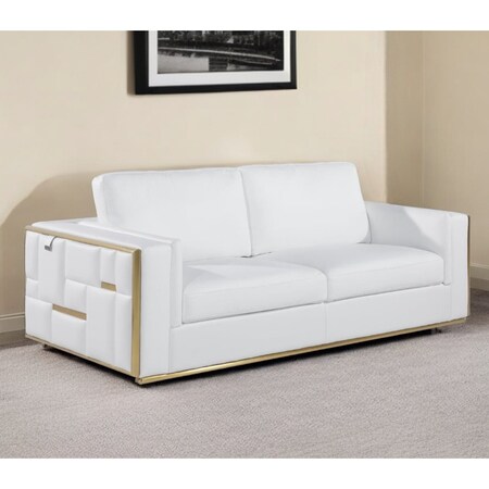 Homeroots 89" White Italian Leather Sofa With Brass Legs 534164