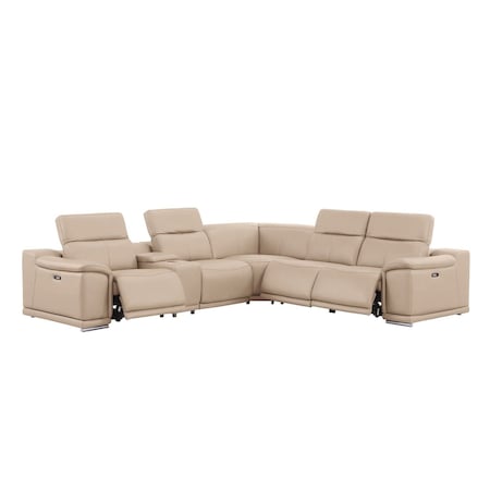 Homeroots Beige Leather Power Reclining L Shaped Six Piece Corner Sectional With Console 643959