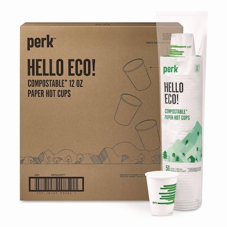 Perk Eco-ID Compostable Paper Hot Cups, 12 oz, White/Green, 500PK PK56222CT