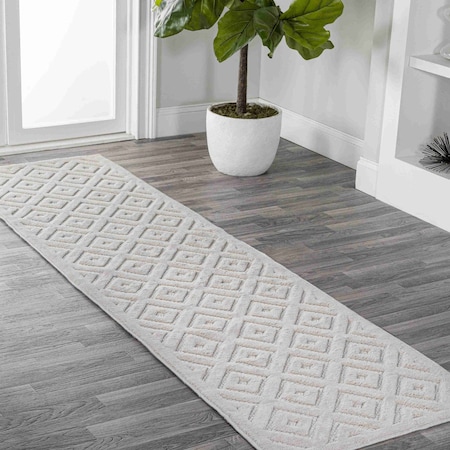 Jonathan Y Portmany Neutral Diamond Trellis Ivory 2 ft. x 8 ft. Indoor/Outdoor Runner Rug IBZ104D-28
