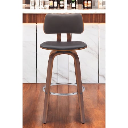 Homeroots 30" Brown And Wood Brown Faux Leather Swivel Low Back Bar Height Bar Chair 534437