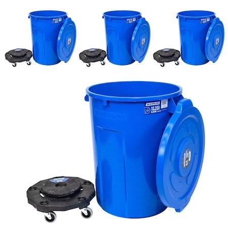 Magnum Tool Blue 44 Gallon Trash Can Set, Trash Can, Quiet Dolly, and Reinforced Lid, 4 Set CMTC-CLD0-44B04