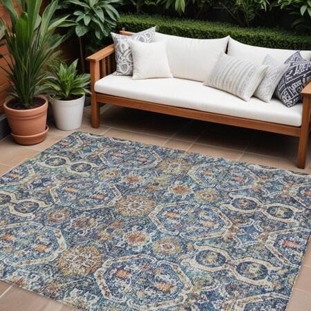 Homeroots 9' X 12' Denim Blue Beige And Brown Floral Washable Indoor Outdoor Area Rug 605853