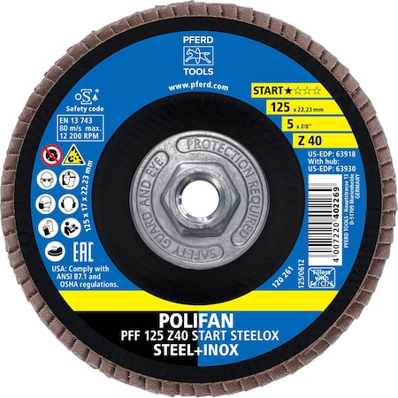 Pferd 5'' Flap Disc, 5/8''-11 Thread, 40 Grit, Z START STEELOX, Type 27, Flat, Zirconia 63930