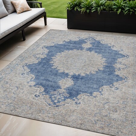 Homeroots 5' X 8' Navy Blue And Ivory Oriental Washable Indoor Outdoor Area Rug 597741