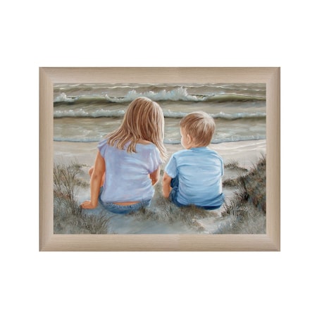 Homeroots Boy and Girl Sitting in Dunes Brown Framed Print Wall Art 407353