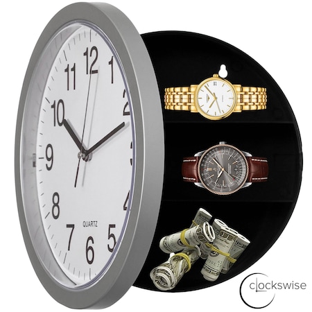 Clockswise 10-in Wall Mounted Clock with Hidden Storage Door Stylish Safe for Valuables Featuring Secret QI004150.SI