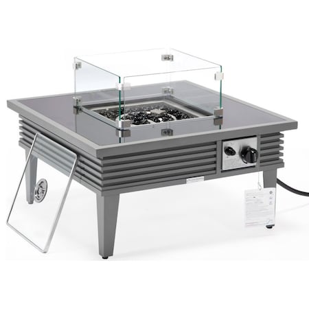 Leisuremod Walbrooke Outdoor Patio Aluminum Square Slats Design Fire Pit Side Table, Lid & Fire Glass, Grey WGRS-27-GL