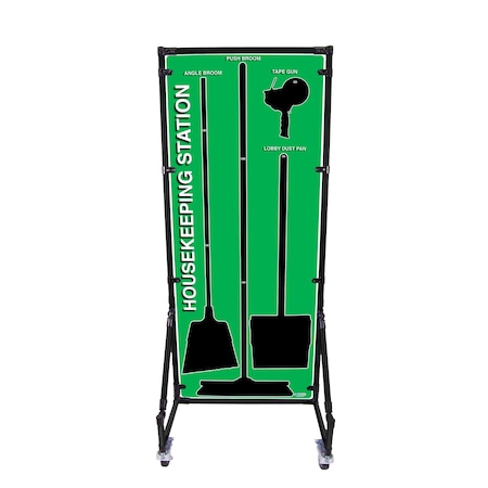 5S Supplies Housekeeping Shadow Board Broom Station V7, Green, Kit + Stand HSB-V7-GREEN-KIT-STAND