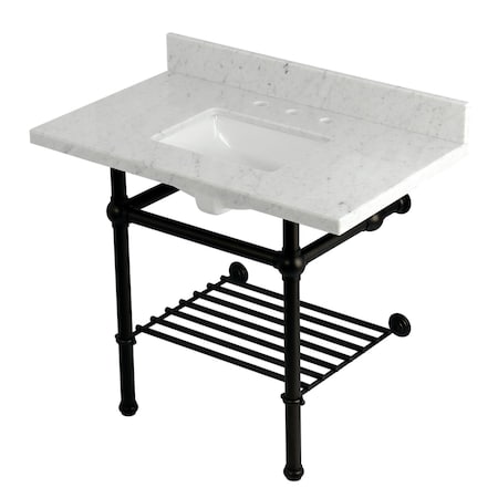 Kingston Brass 36-Inch Carrara Marble Console Sink with Brass Legs and Shelf, 8-Inch, 3-Hole KVPB3630MBSQB5