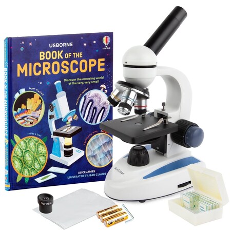 Amscope M158 Student Cordless Monocular Compound Microscope 40X-400X w/Top & Bottom Lights, Metal Frame, Glas M158-PB10-WM
