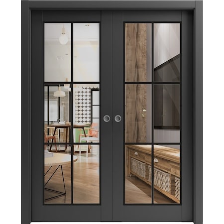 Sartodoors Sliding Double Pocket Door Clear Glass, Lucia 2366 Matte Black and Aluminum Strips, Kit Trims Rail LUCIA2366DP-BLK-84 x 96 (2* 42x96)
