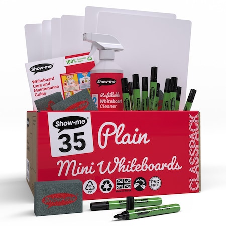 Show-Me Classpack of 35 x Plain/Plain 8" x 12" Whiteboards, with Pens, Erasers, Cleaner, 35PK C/SMBX