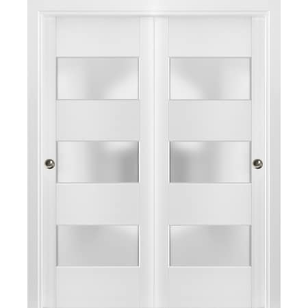 Sartodoors Sliding Closet Frosted Glass 3 Lites Bypass Doors 36 x 96 inches, Lucia 4070 White Silk, Sturdy Rai LUCIA4070DBD-WS-3696