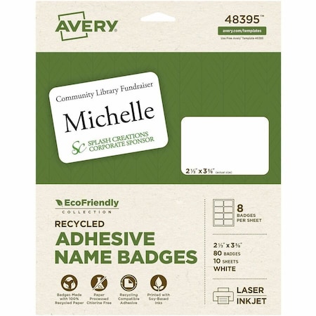 Avery Dennison Avery, ECOFRIENDLY ADHESIVE NAME BADGE LABELS, 3.38 X 2.33, WHITE, 80PK 48395