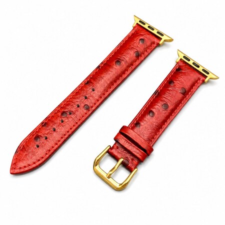 Elegani Ostrich-Embossed Leather Band Compatible with Apple Watch 41mm, Red, Yellow Gold Buckle LAT3-RED-YGD-41