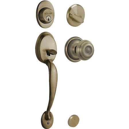 Schlage Handleset, 1 Grade, Keyed Different Key, Brass, Antique Brass, 238 x 234 in Backset, C Keyway F60PLYXGEO609
