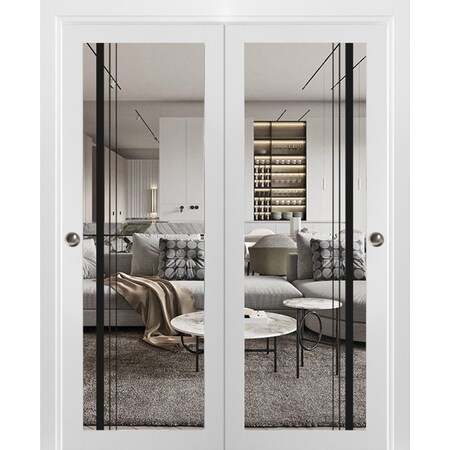 Sartodoors Sliding Closet Bypass Doors with Clear Glass, Lucia 2566 White Silk and Aluminum Strips, Sturdy Ra LUCIA2566DBD-WS-36 x 84 (2* 18x84)