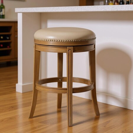 Homeroots 30" Beige and Natural Faux Leather and Solid Wood Backless Bar Height Swivel Bar Chair 632392