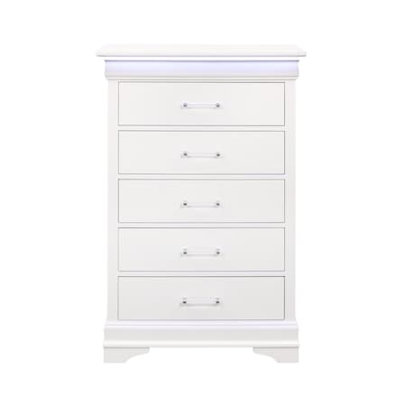 Homeroots 16" White Solid Wood Five Drawer Chest with LED Lighting 482388