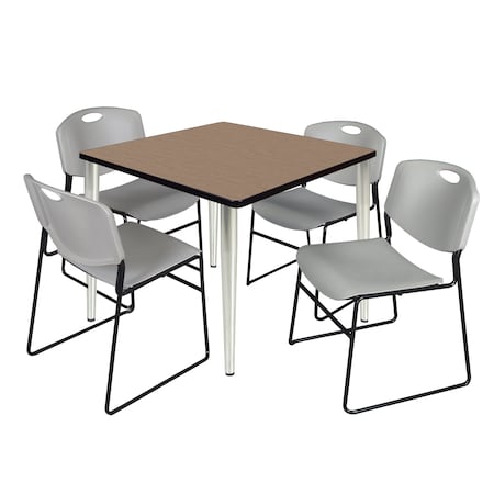 Regency Square Kahlo Breakroom Table W/ 4 Zeng Stack Chairs, 42 in W, 42 in L, Noble Oak TPL4242NOCM44GY