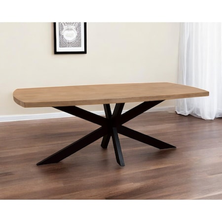 Homeroots 82" Natural And Black Solid Wood And Iron Pedestal Base Dining Table 563914
