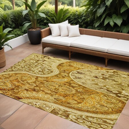 Homeroots 10' X 14' Terra Cotta Brown And Gold Floral Medallion Washable Indoor Outdoor Area Rug 603208