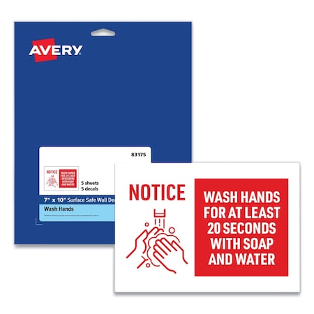 Avery Preprinted Surface Safe Wall Decals, 10 x 7, Wash Hands for at Least 20 Seconds, 5PK 83175