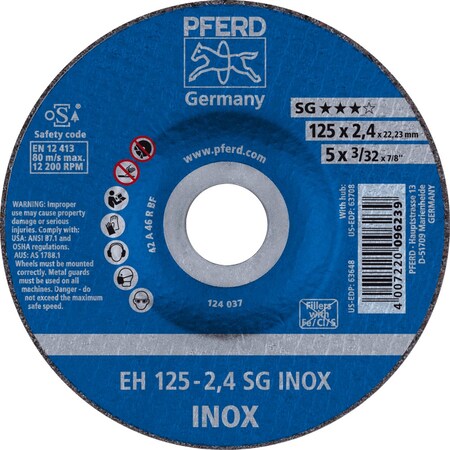 Pferd Cut-Off Wheel, Type 27, 5 in Dia, 3/32 in Thick, 7/8 in Arbor Hole Size, Aluminum Oxide 63648