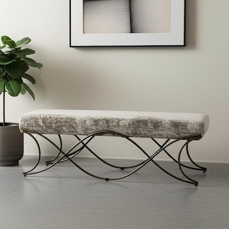 Homeroots 55" Gray and Gold Chenille and Metal Upholstered Bench 606737