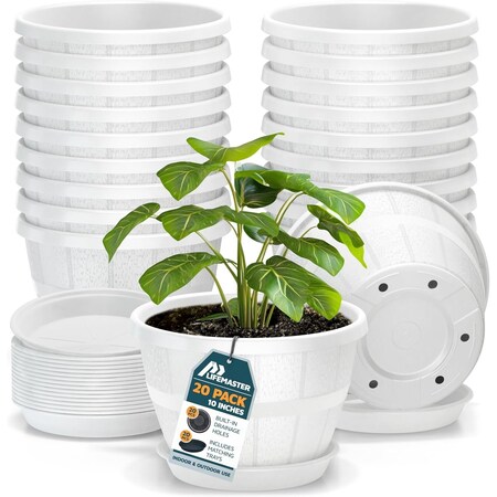 Lifemaster 10-Inch Whiskey Barrel Planters, Durable Plastic Pots with Drainage and Saucer, 20PK LMPBP20WHE20