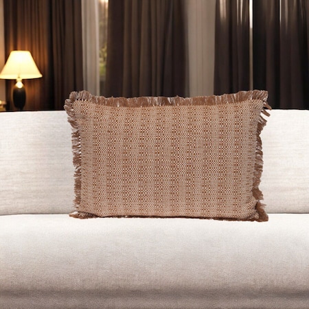 Homeroots 14" X 20" Brown and White Cotton Lumbar Throw Pillow with Fringe 529245