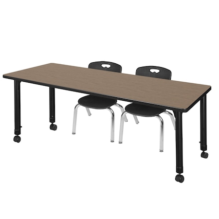 Regency Kee Mobile Adjustable Classroom Table W/ 2 Andy Stack Chairs, 72 in W, 24 in L, Noble Oak MT7224NOAPCBK45BK