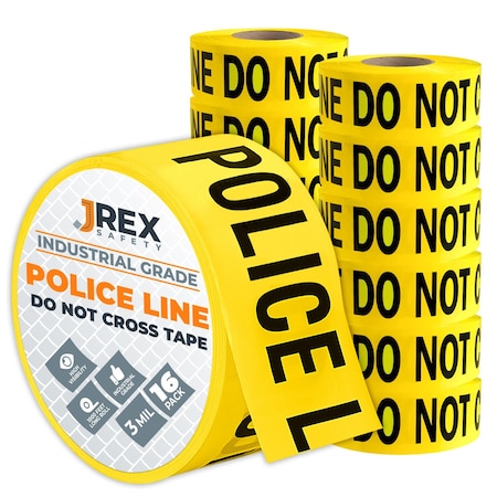 Jrex Safety Police Line Do Not Cross Tape Roll - 3 Mil - 1000 Ft x 3 Inch Wide Each - Yellow, 16PK PPLT-JR-3M-16PK