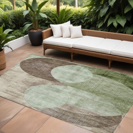 Homeroots 9' X 12' Artichoke Green Brown And Beige Geometric Washable Indoor Outdoor Area Rug  604903