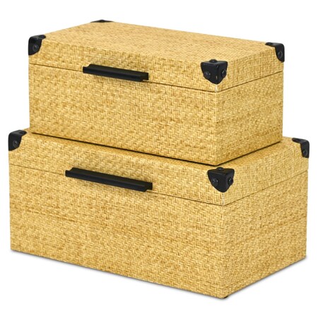 Homeroots Set of Two Natural And Black Faux Rattan Nesting Storage Boxes With Lids, 2PK 712930