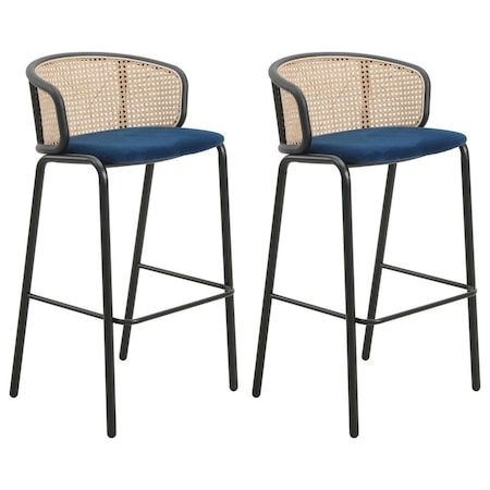 Leisuremod Ervilla Wicker Bar Stool with Fabric Seat and Black Powder Coated Steel Frame, Navy Blue, 2PK EBBL-31NBU2