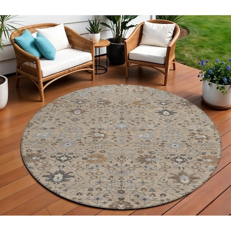 Homeroots 8' Taupe Brown And Gray Round Oriental Washable Indoor Outdoor Area Rug 598084