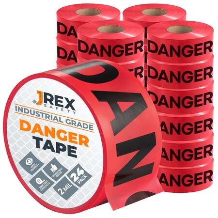 Jrex Safety Danger Tape Roll - 1000 Ft x 3 Inch Wide Each - Red, 24PK PDT-JR-24PK