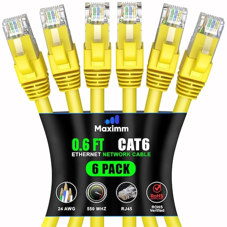 Maximm Cat6 Ethernet Cable 0.6ft 10Gbps 550MHz UTP, 6PK, Yellow, 6PK CAT6CCA-0.6YL-6PK