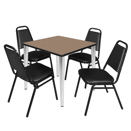 Regency Square Kahlo Breakroom Table W/ 4 Restaurant Stack Chairs, 30 in W, 30 in L, Noble Oak TPL3030NOCM29BK